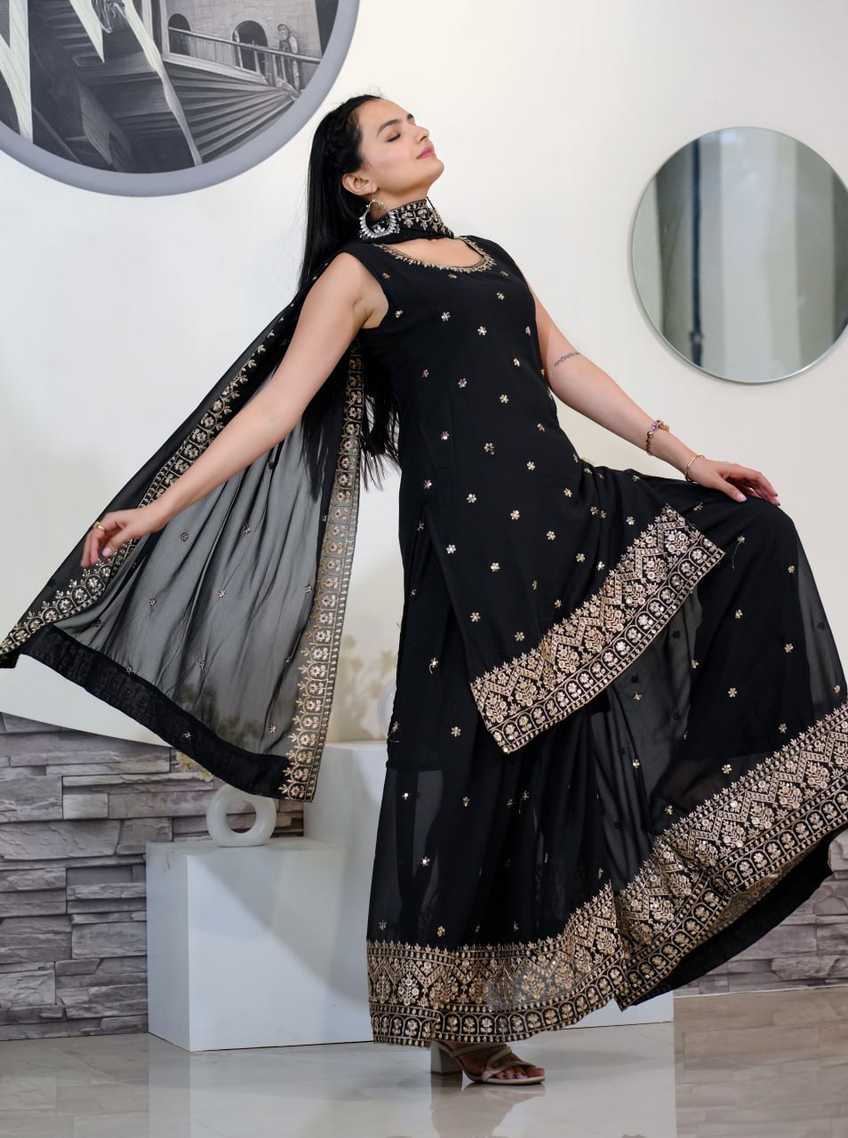Designer Fox Georgette Sequin-Embroidered Sharara Suit | Party Wear Drape Dress