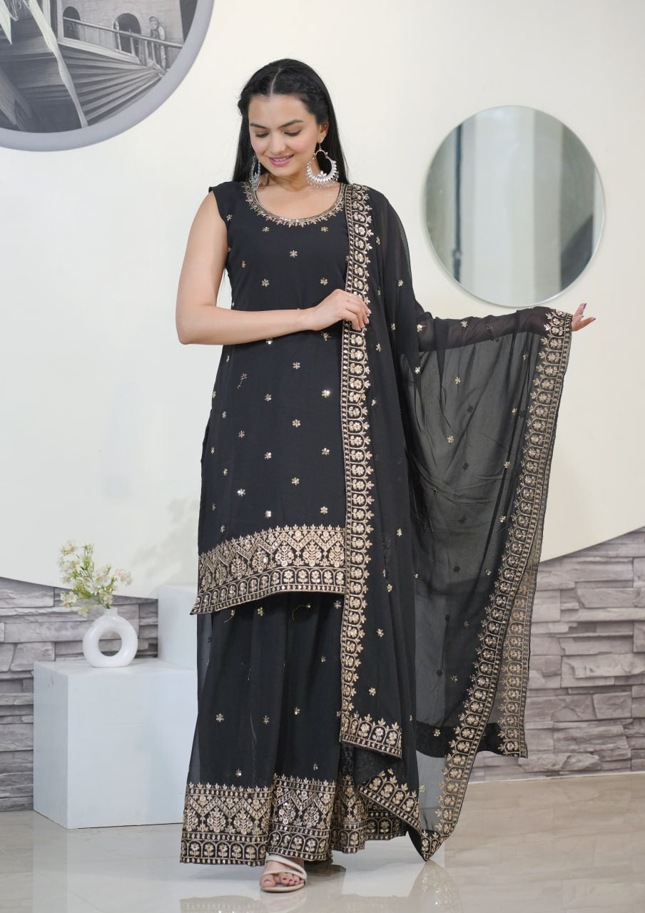 Designer Fox Georgette Sequin-Embroidered Sharara Suit | Party Wear Drape Dress