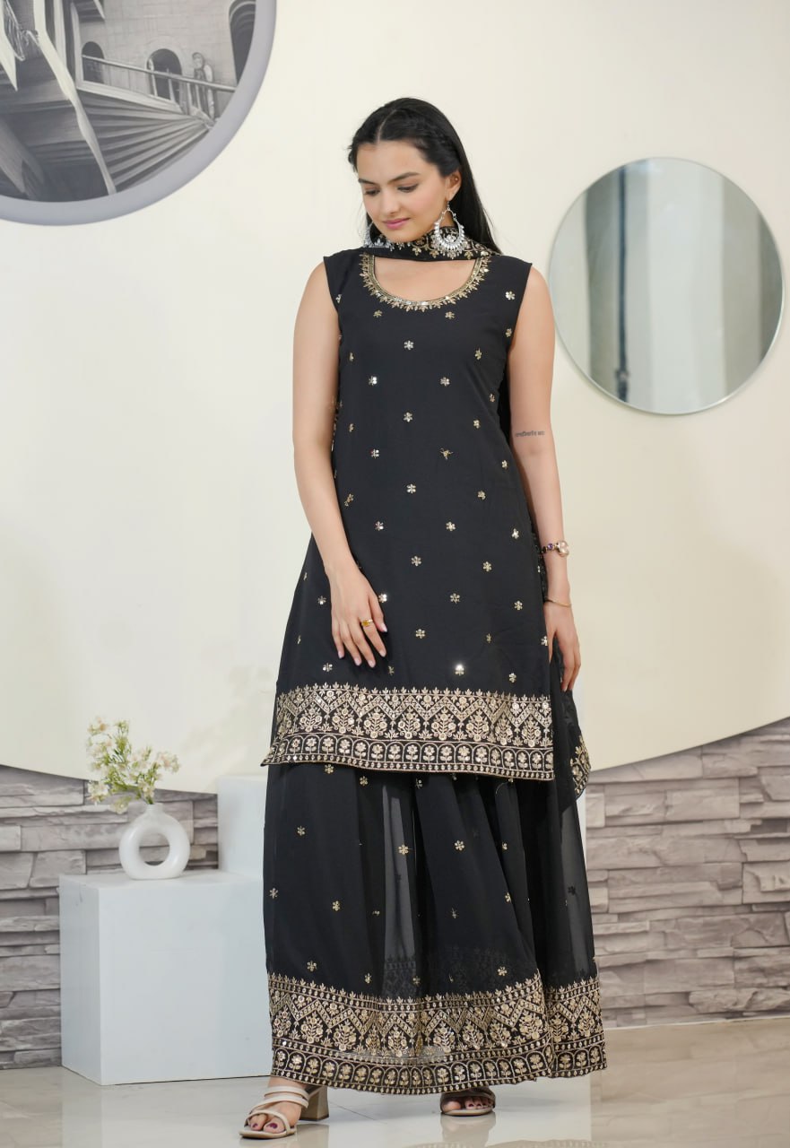 Designer Fox Georgette Sequin-Embroidered Sharara Suit | Party Wear Drape Dress