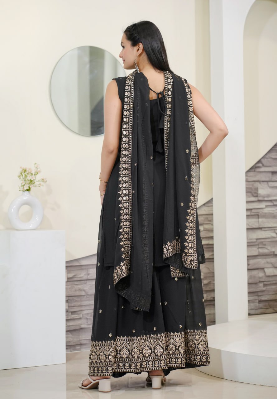 Designer Fox Georgette Sequin-Embroidered Sharara Suit | Party Wear Drape Dress