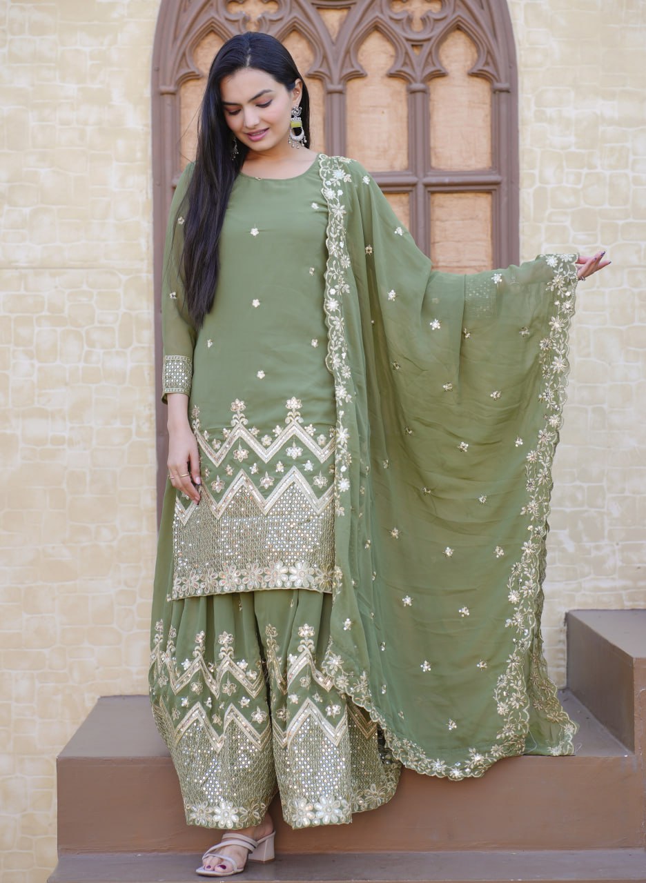Fox Georgette Sharara Suit with Sequin Embroidery | Festive Designer Outfit Drape Dress
