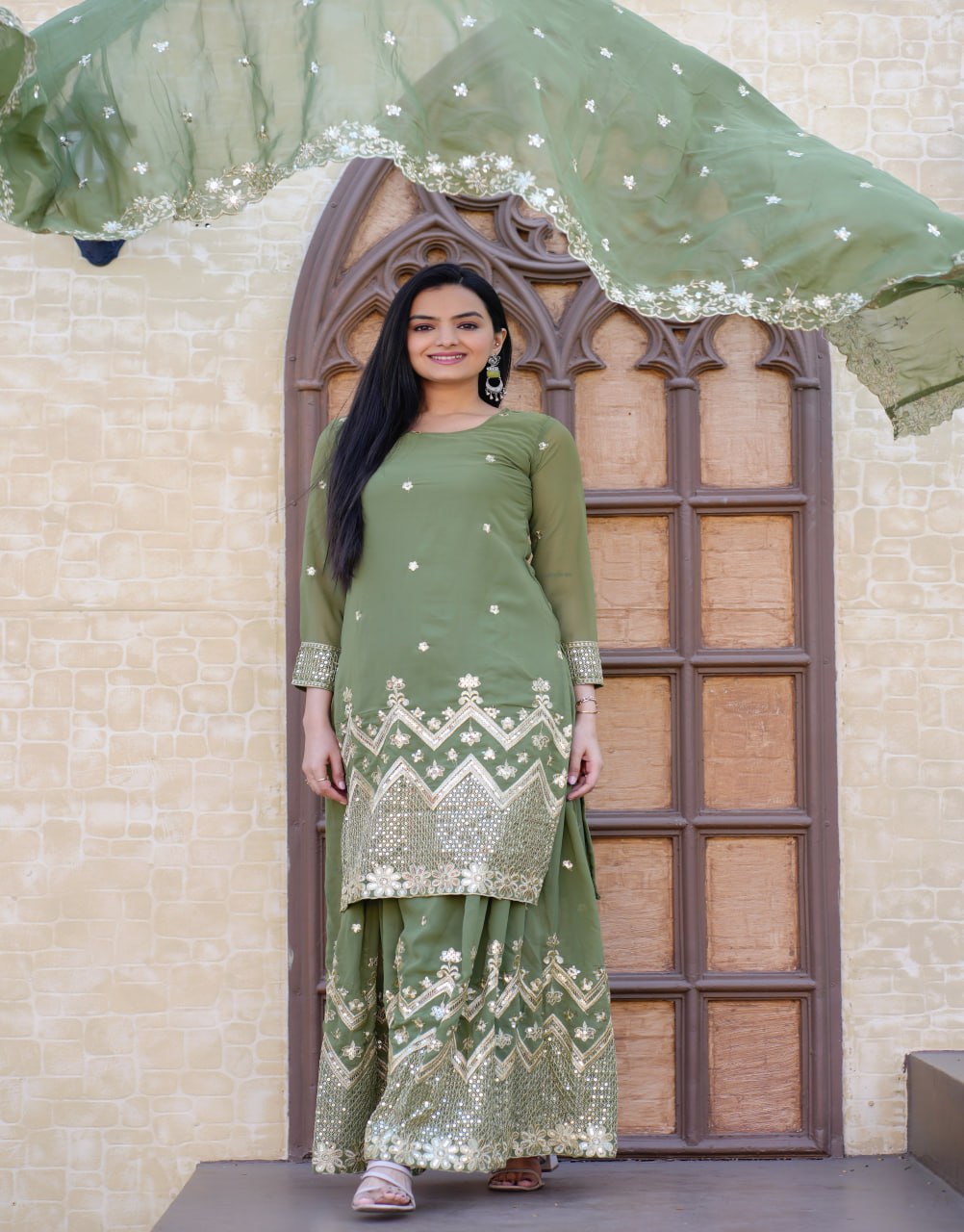 Fox Georgette Sharara Suit with Sequin Embroidery | Festive Designer Outfit Drape Dress