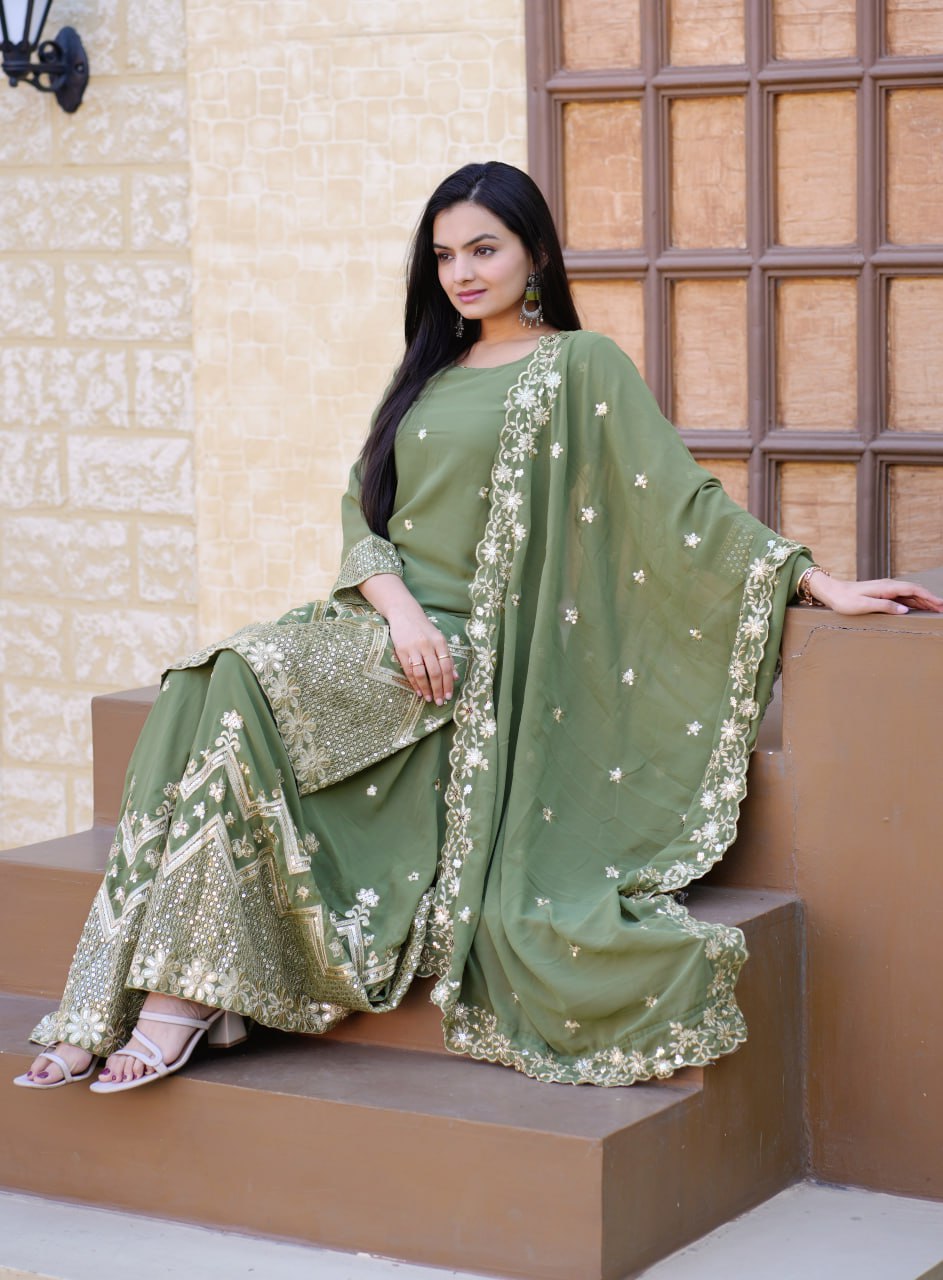 Fox Georgette Sharara Suit with Sequin Embroidery | Festive Designer Outfit Drape Dress