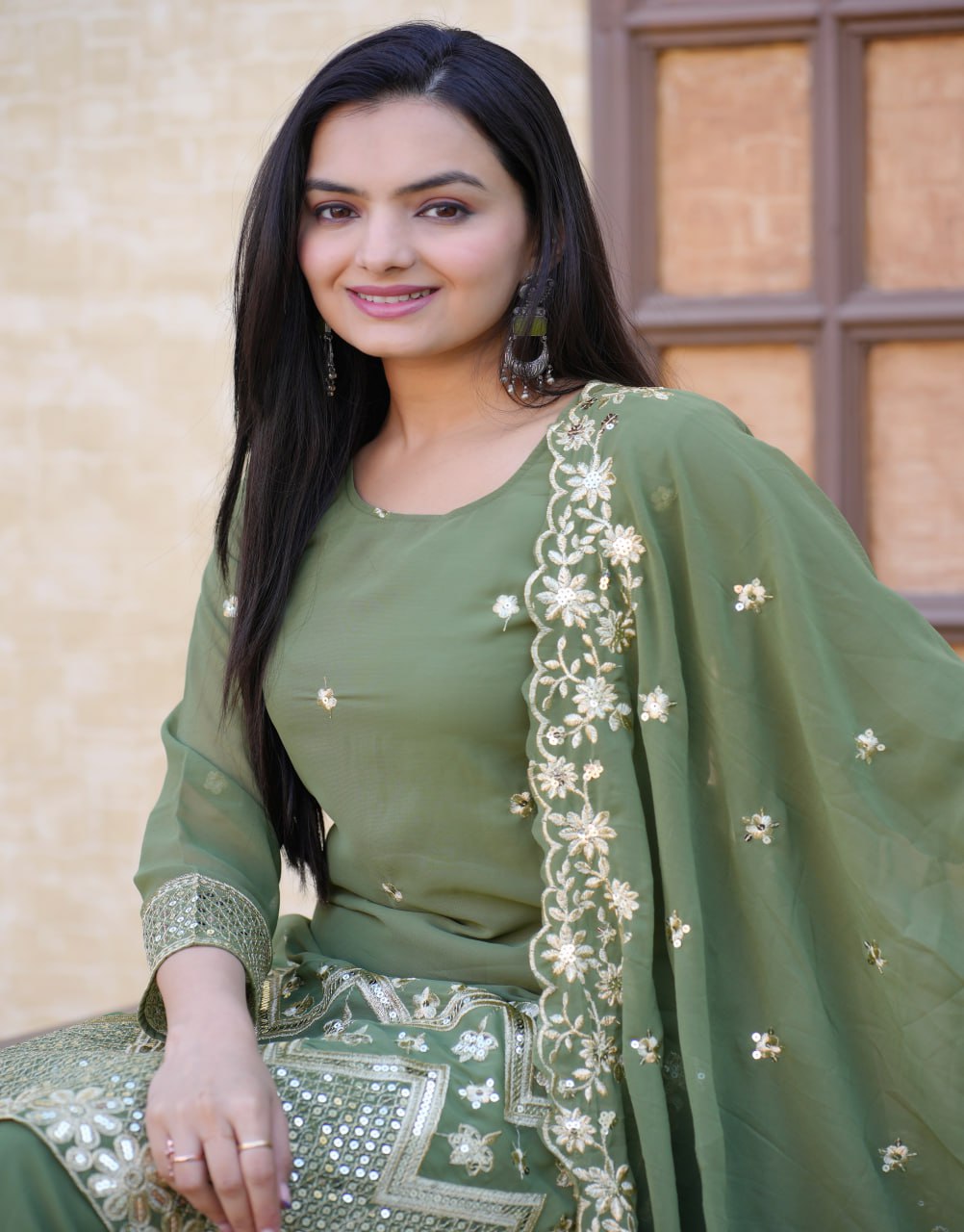 Fox Georgette Sharara Suit with Sequin Embroidery | Festive Designer Outfit Drape Dress