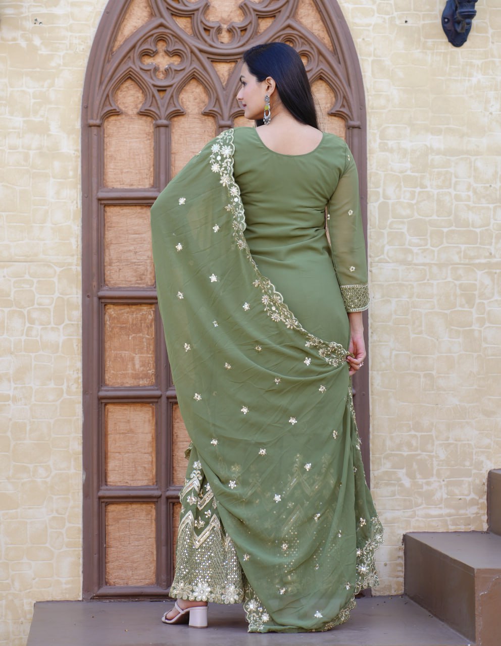 Fox Georgette Sharara Suit with Sequin Embroidery | Festive Designer Outfit Drape Dress