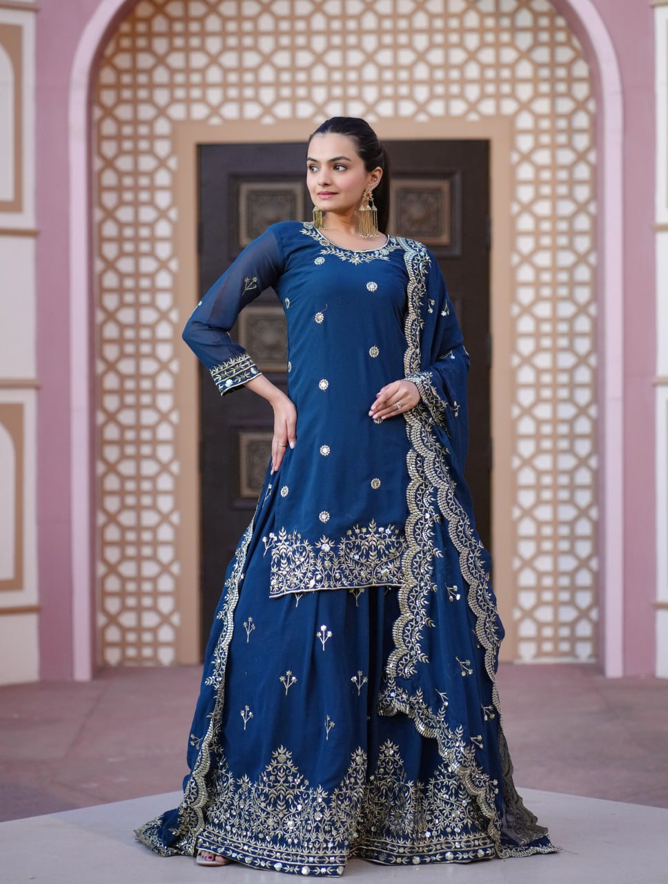 Designer Chinon Sequin-Embroidered Suit Set | Elegant Party Salwar Kameez Drape Dress