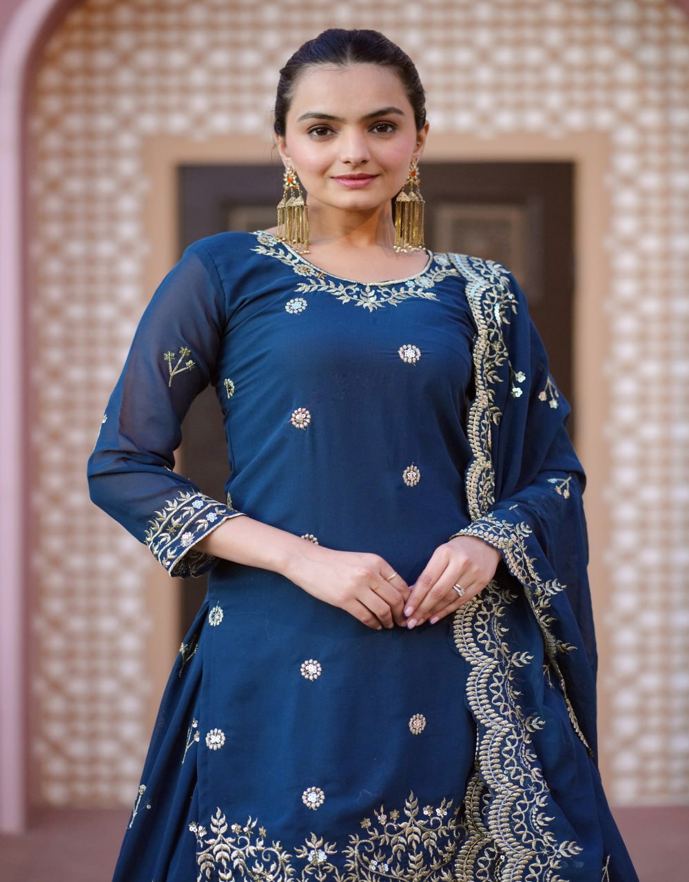 Designer Chinon Sequin-Embroidered Suit Set | Elegant Party Salwar Kameez Drape Dress