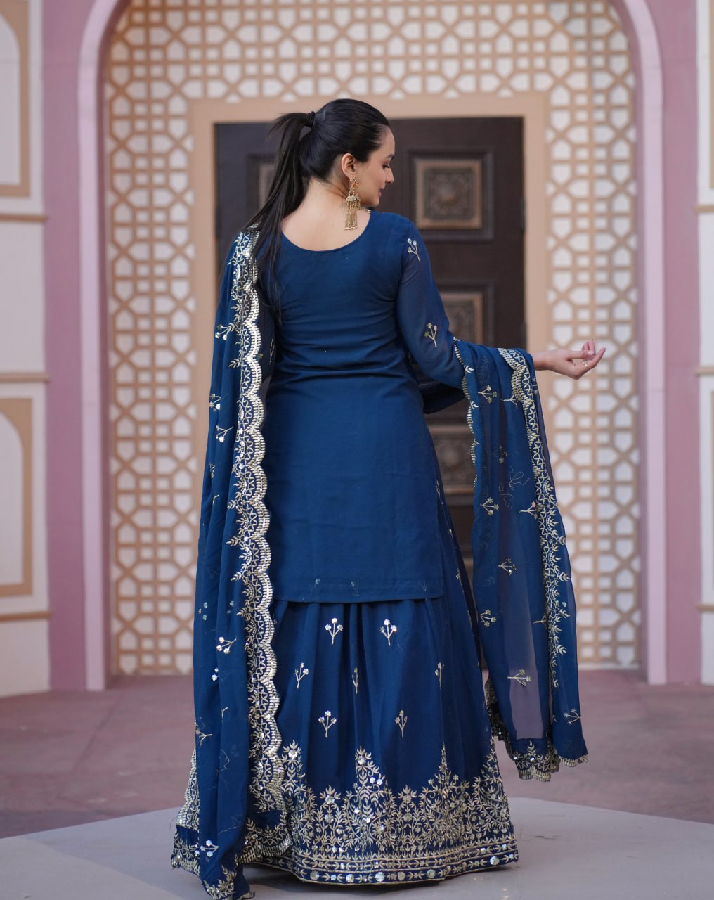 Designer Chinon Sequin-Embroidered Suit Set | Elegant Party Salwar Kameez Drape Dress