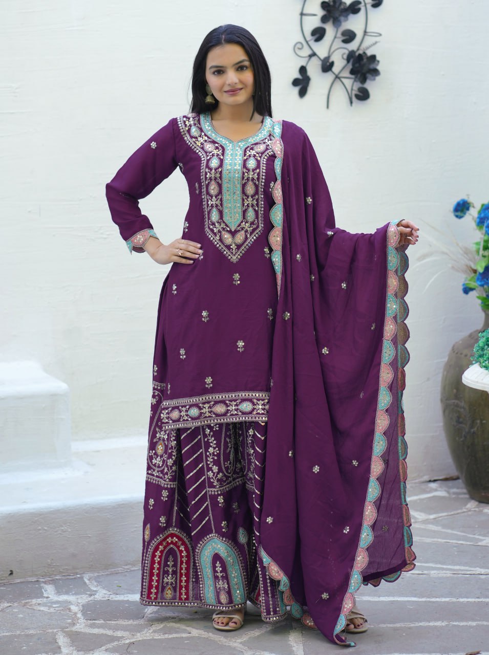 Chinon Sequin-Embroidered Designer Suit | Party-Wear Salwar Kameez Drape Dress