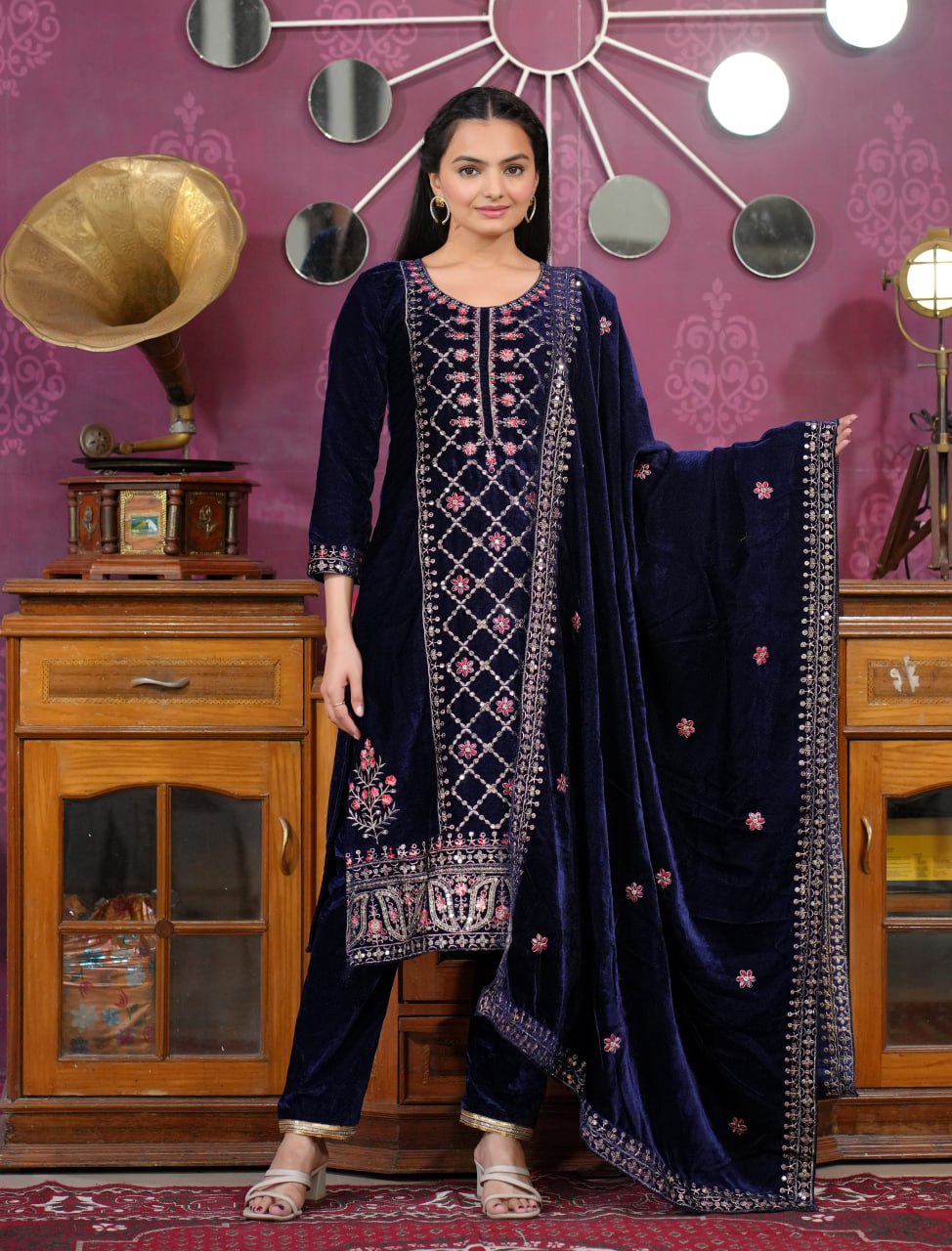 Luxury Velvet Sequin-Embroidered Suit | Premium Party Wear Drape Dress