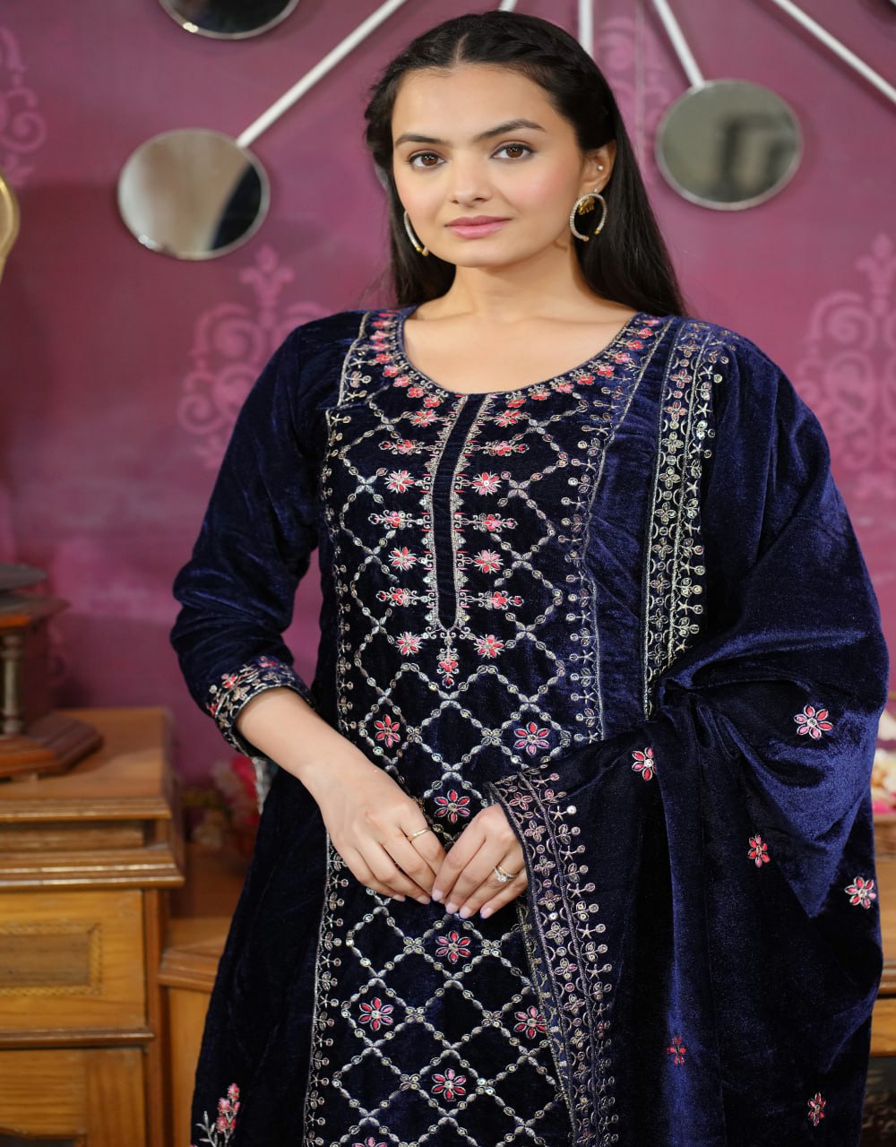 Luxury Velvet Sequin-Embroidered Suit | Premium Party Wear Drape Dress