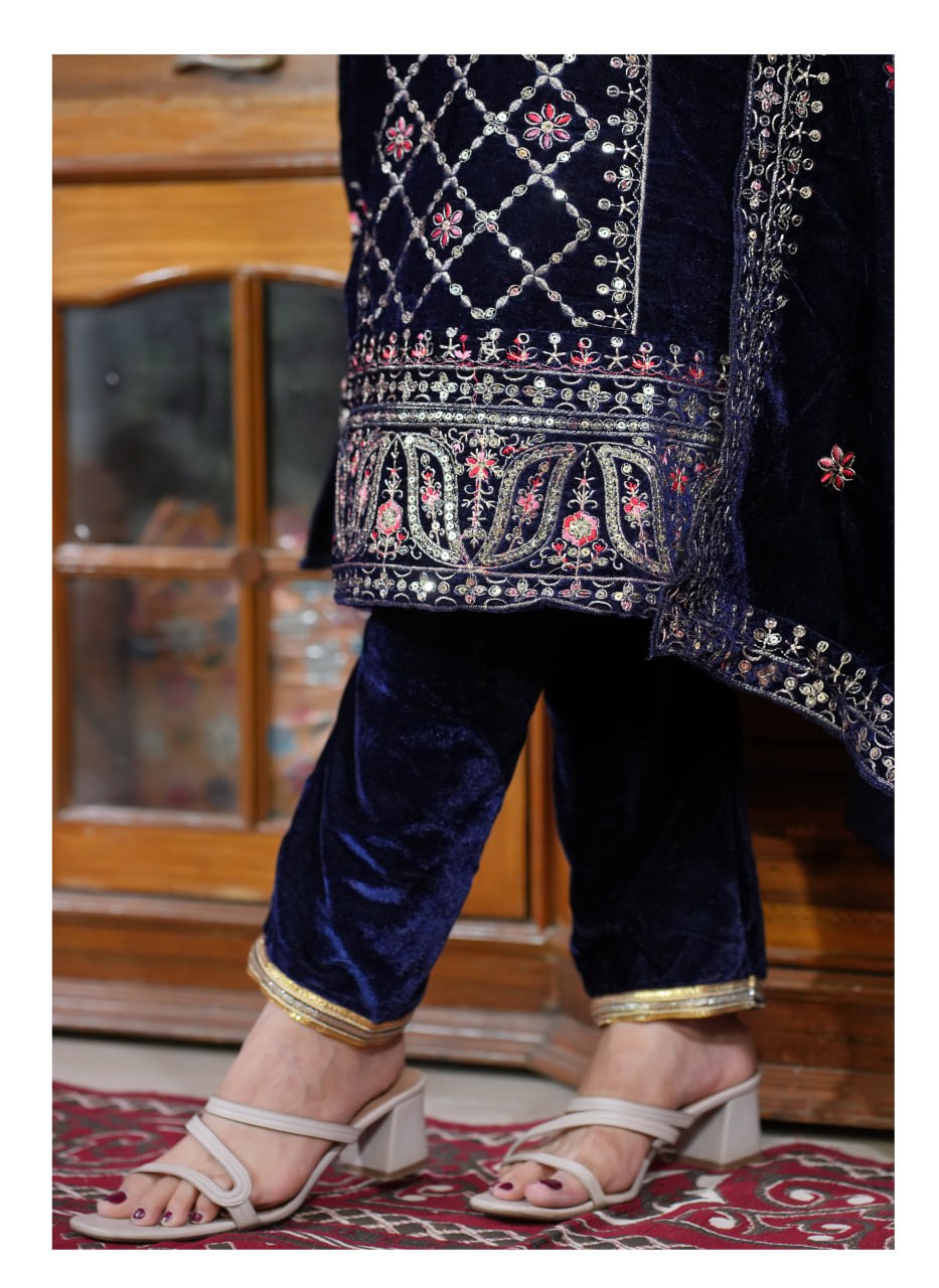 Luxury Velvet Sequin-Embroidered Suit | Premium Party Wear Drape Dress