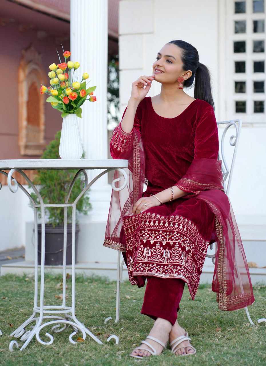 Velvet Designer Suit with Sequin Embroidery | Festive Occasion Wear Drape Dress