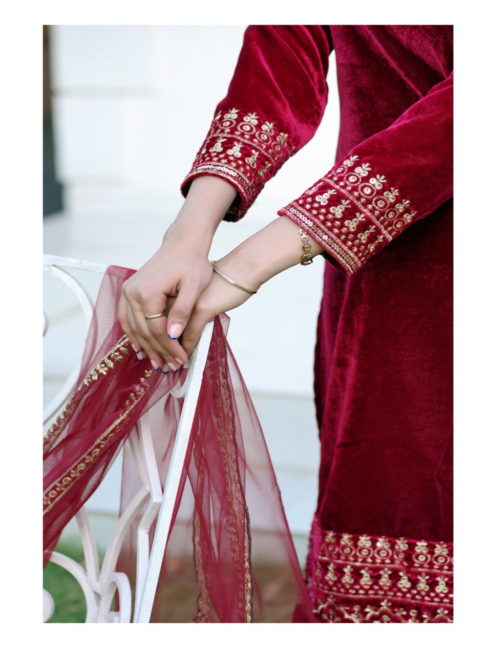 Velvet Designer Suit with Sequin Embroidery | Festive Occasion Wear Drape Dress