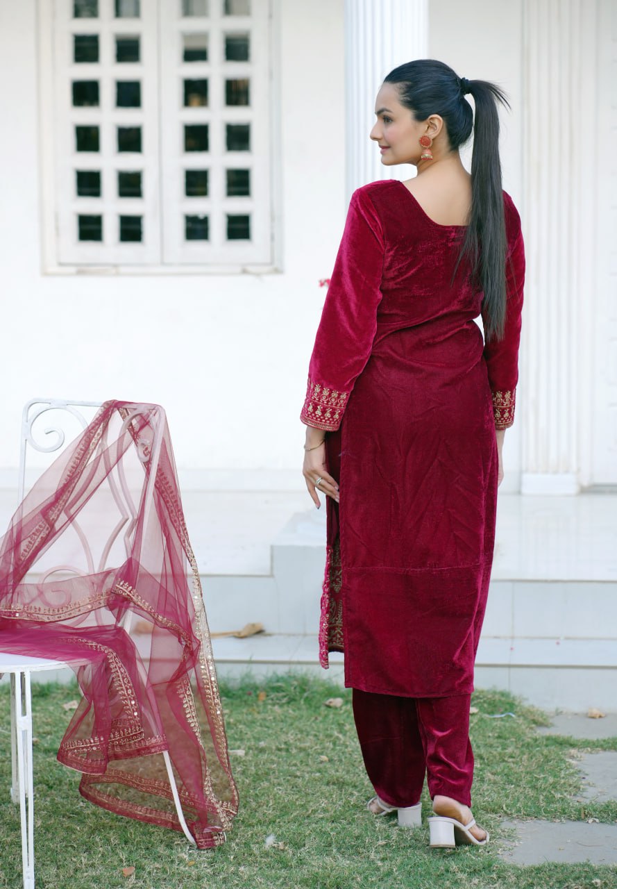 Velvet Designer Suit with Sequin Embroidery | Festive Occasion Wear Drape Dress