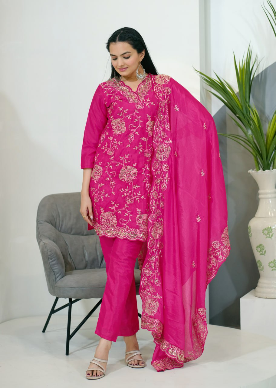 Premium Chinon Sequin-Embroidered Suit Set | Celebration Wear Drape Dress