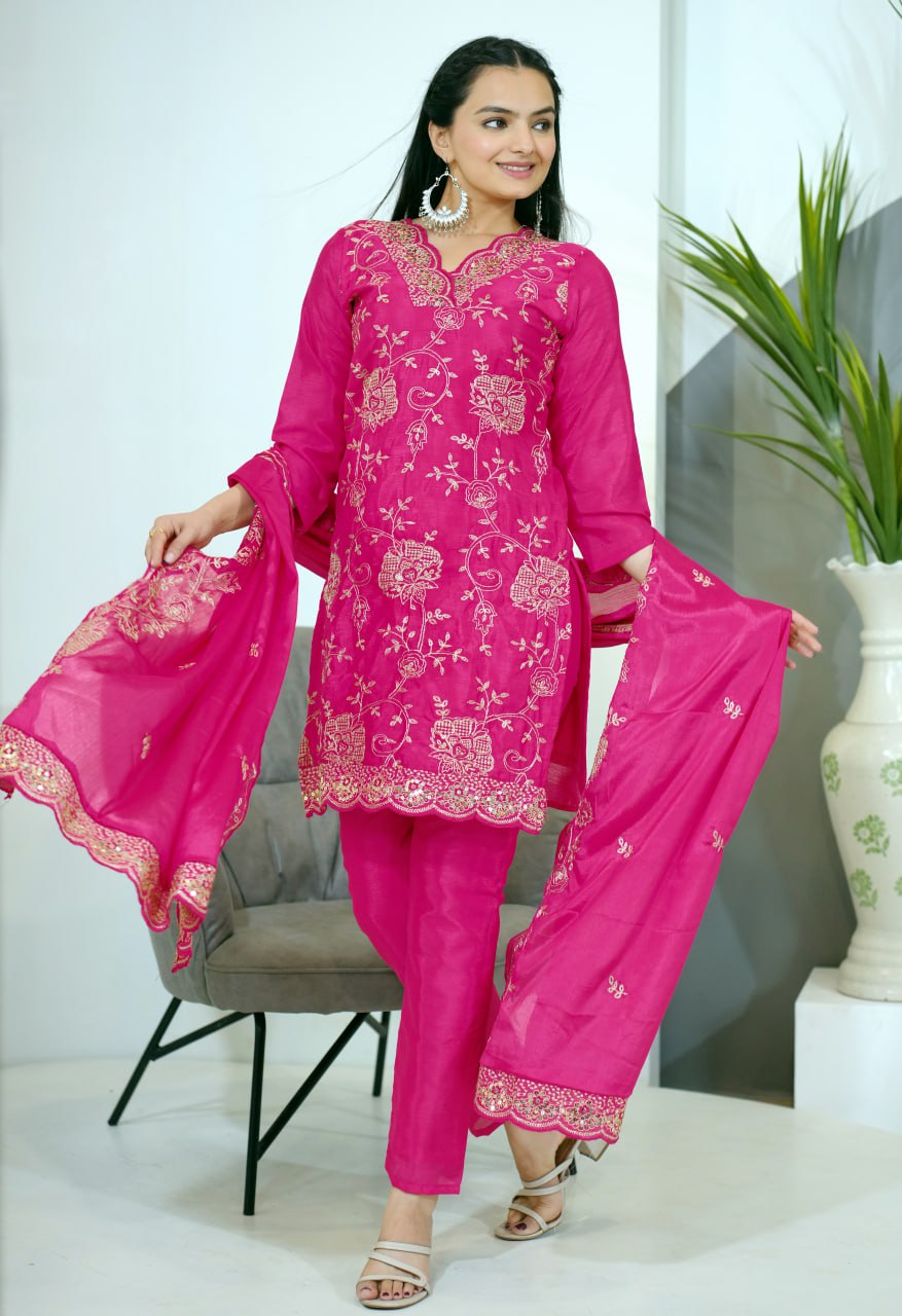 Premium Chinon Sequin-Embroidered Suit Set | Celebration Wear Drape Dress