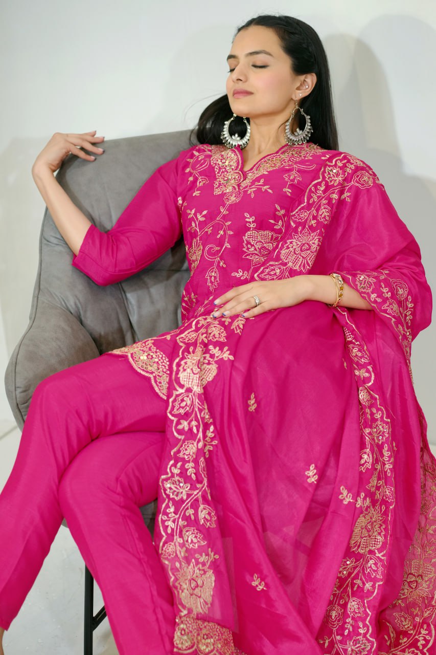 Premium Chinon Sequin-Embroidered Suit Set | Celebration Wear Drape Dress