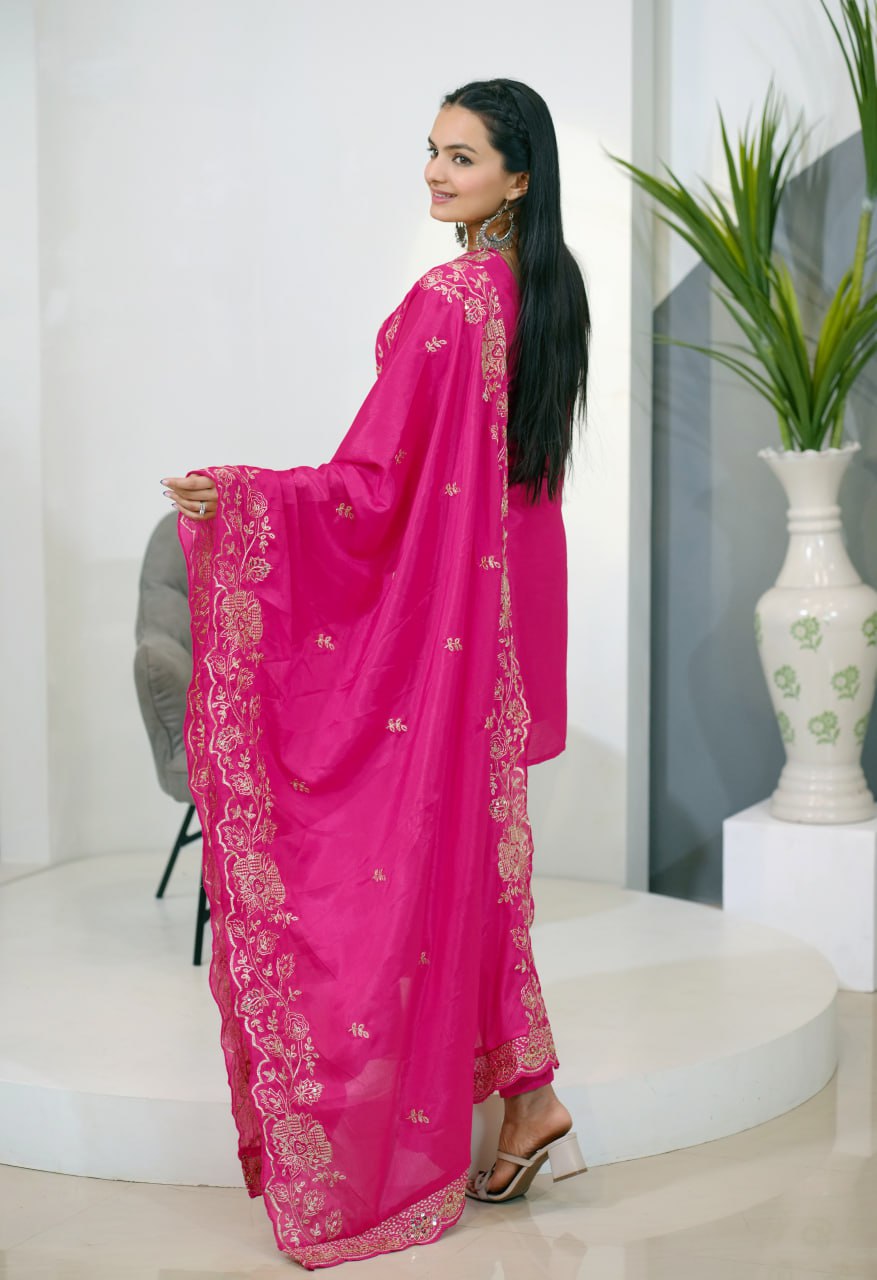 Premium Chinon Sequin-Embroidered Suit Set | Celebration Wear Drape Dress
