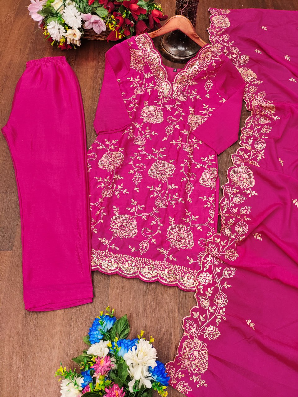 Premium Chinon Sequin-Embroidered Suit Set | Celebration Wear Drape Dress