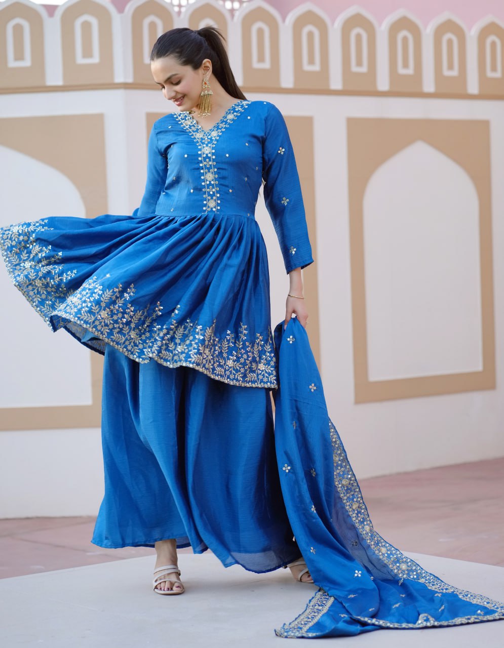 Designer Chinon Sequin-Embroidered Sharara Suit | Modern Party Wear Drape Dress