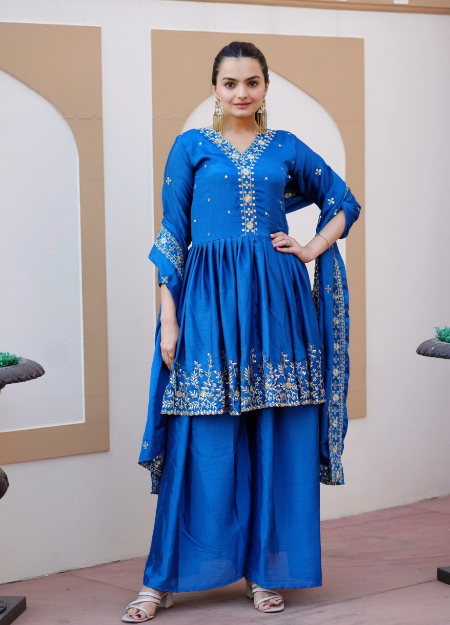 Designer Chinon Sequin-Embroidered Sharara Suit | Modern Party Wear Drape Dress