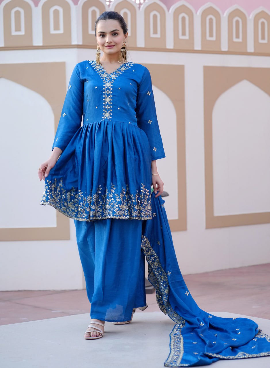 Designer Chinon Sequin-Embroidered Sharara Suit | Modern Party Wear Drape Dress