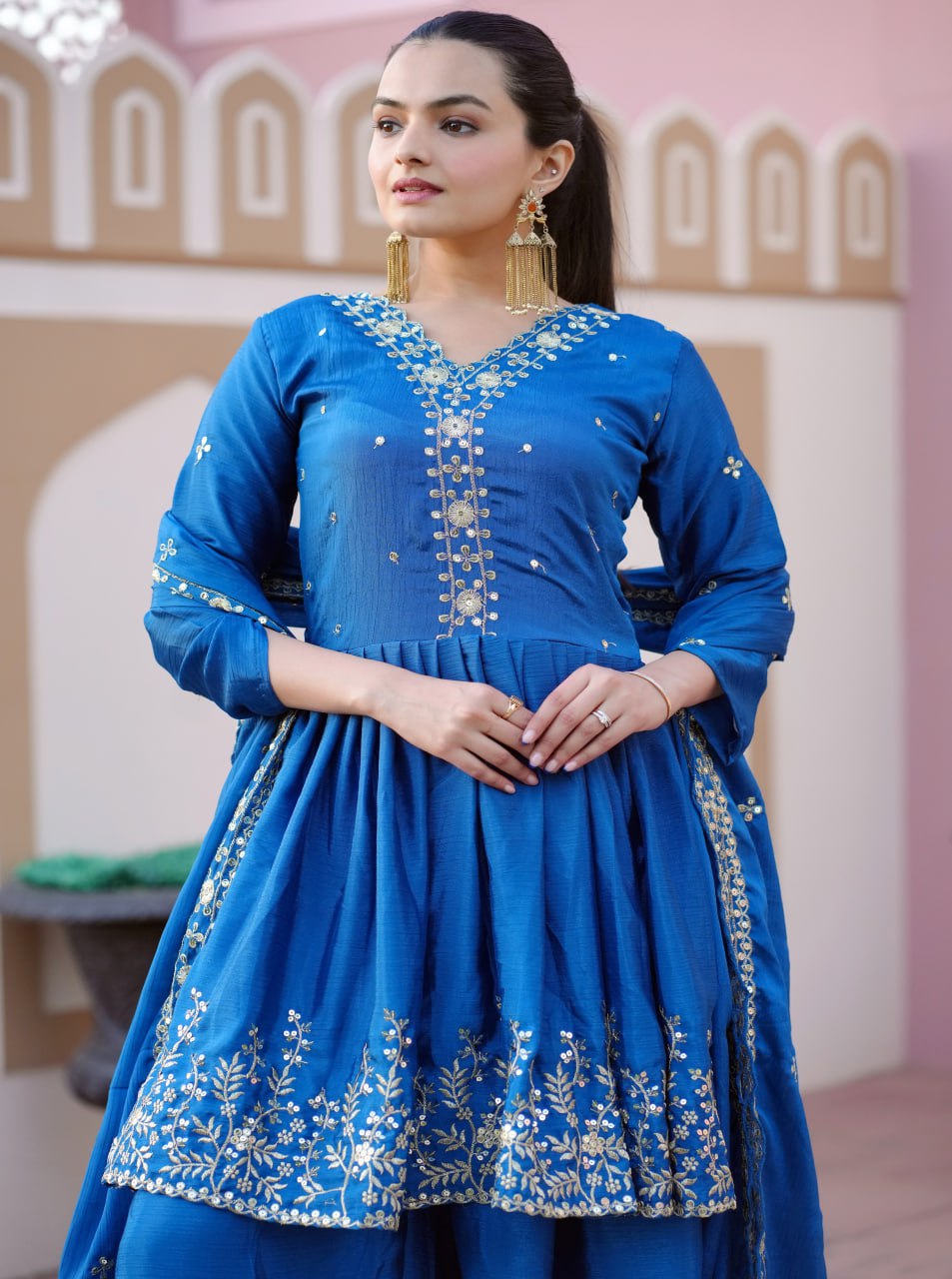 Designer Chinon Sequin-Embroidered Sharara Suit | Modern Party Wear Drape Dress