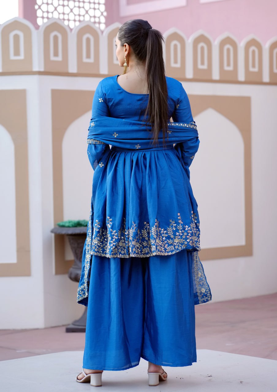 Designer Chinon Sequin-Embroidered Sharara Suit | Modern Party Wear Drape Dress