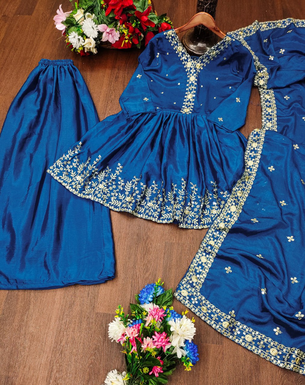 Designer Chinon Sequin-Embroidered Sharara Suit | Modern Party Wear Drape Dress