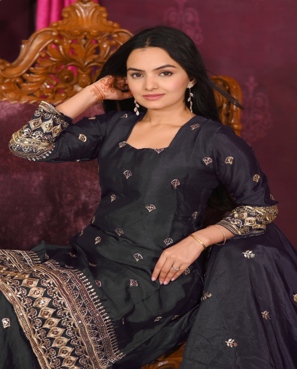 Chinon Sequin-Embroidered Designer Suit Set | Festive Ethnic Wear Drape Dress