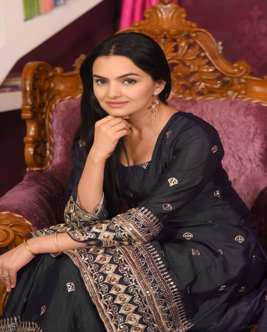 Chinon Sequin-Embroidered Designer Suit Set | Festive Ethnic Wear Drape Dress