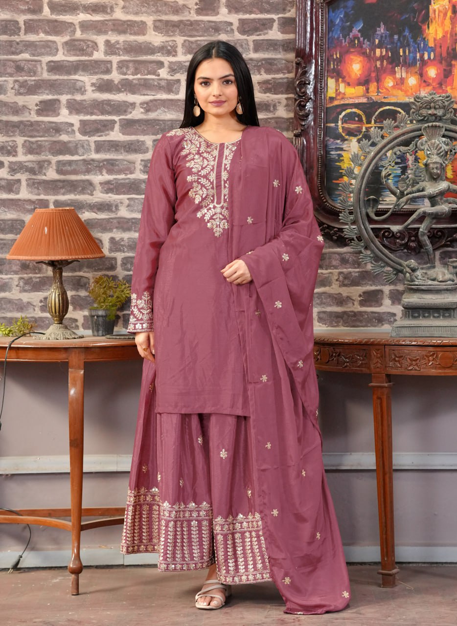 Designer Chinon Suit with All-Over Sequence Embroidery for Parties Drape Dress