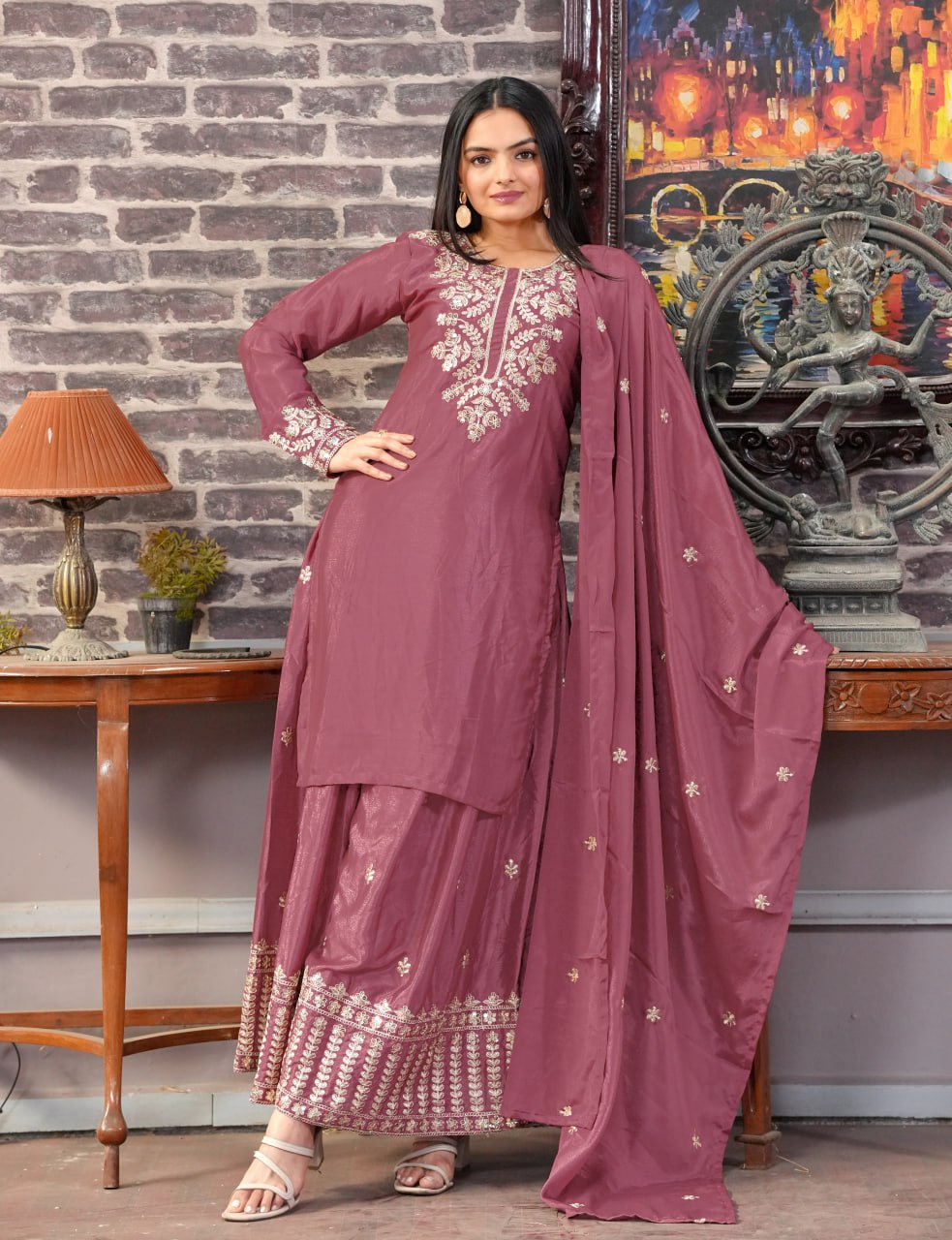 Designer Chinon Suit with All-Over Sequence Embroidery for Parties Drape Dress
