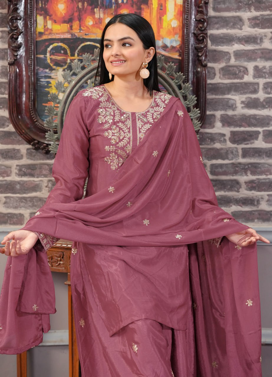 Designer Chinon Suit with All-Over Sequence Embroidery for Parties Drape Dress