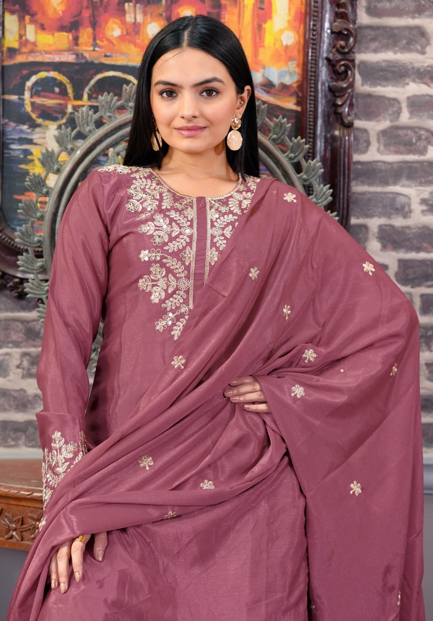 Designer Chinon Suit with All-Over Sequence Embroidery for Parties Drape Dress