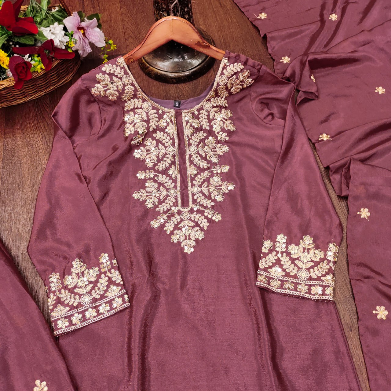 Designer Chinon Suit with All-Over Sequence Embroidery for Parties Drape Dress