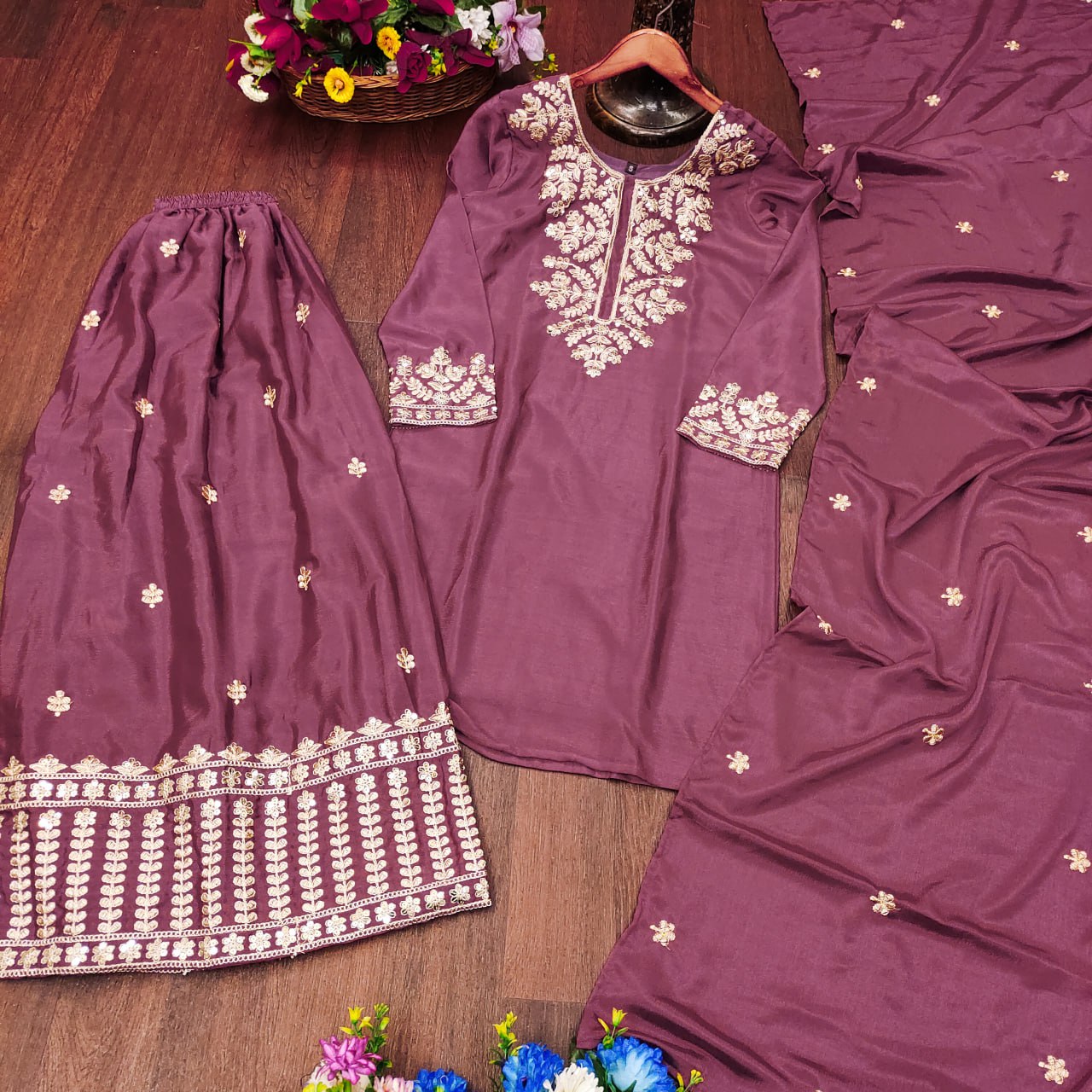Designer Chinon Suit with All-Over Sequence Embroidery for Parties Drape Dress