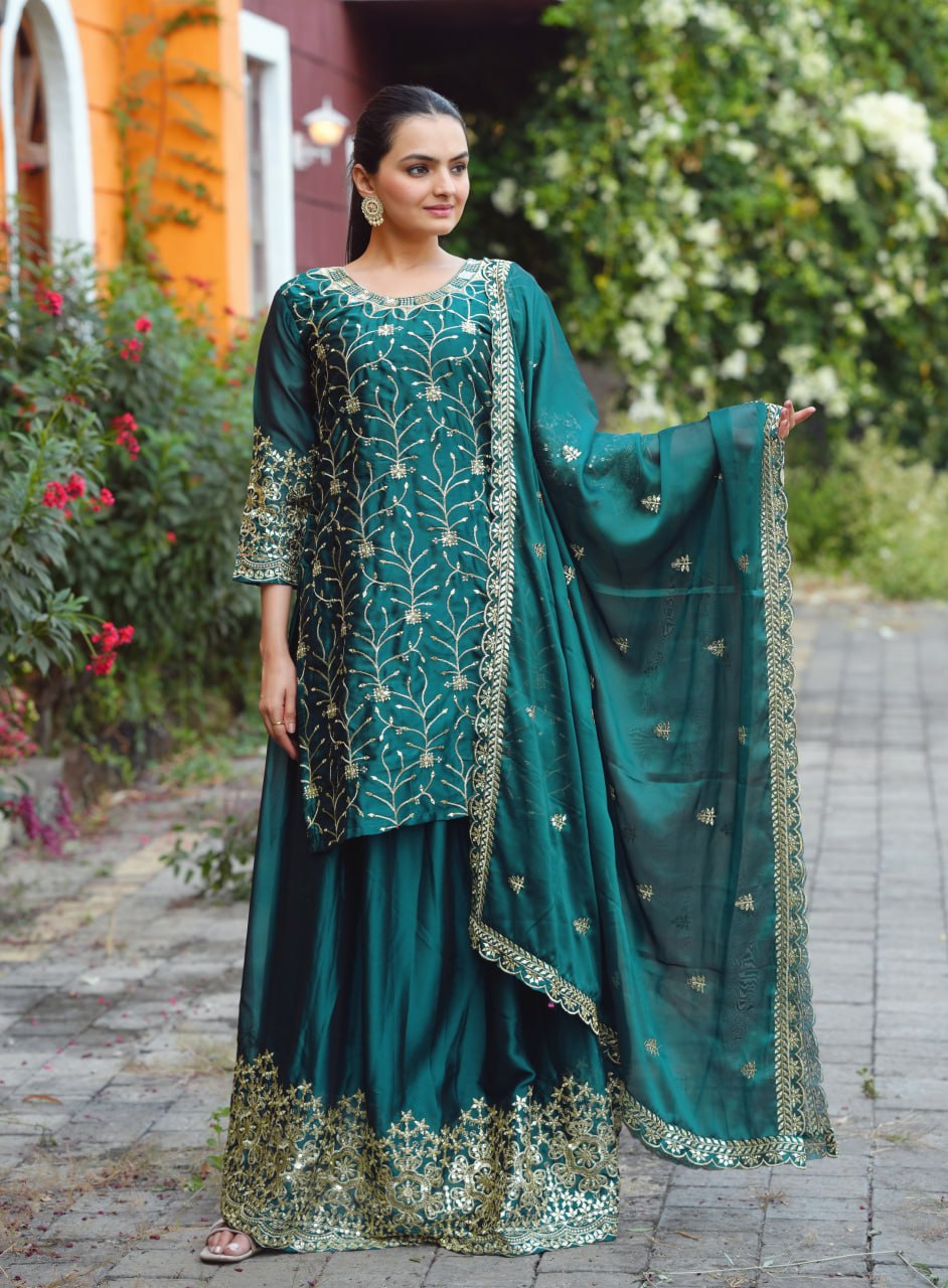 Teal Chinon Sharara Suit with Gold Sequin Leaf Embroidery | Designer Festive Wear Drape Dress