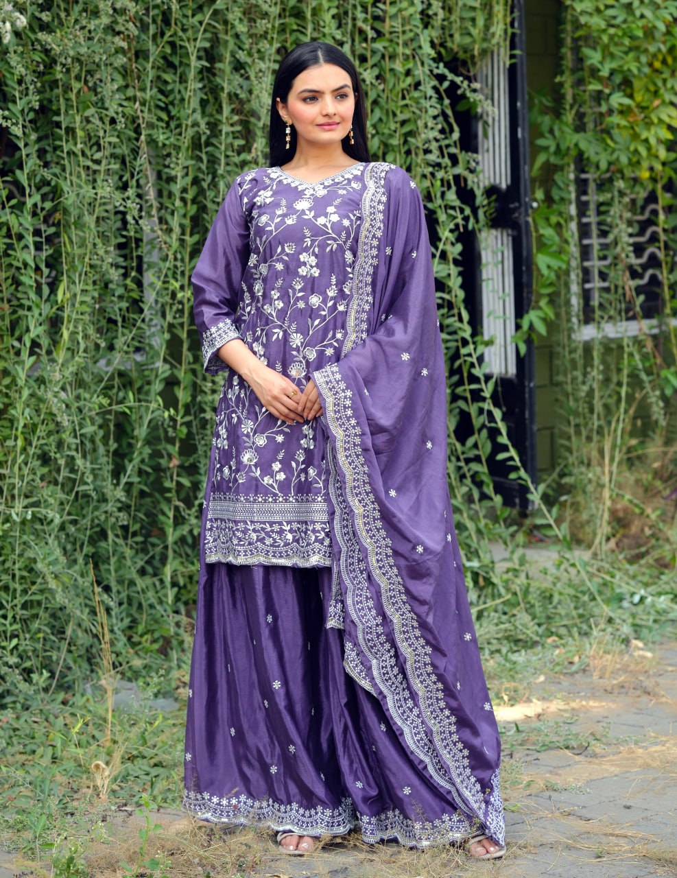 Designer Chinon Sharara Suit with All-Over Sequence Embroidery Drape Dress