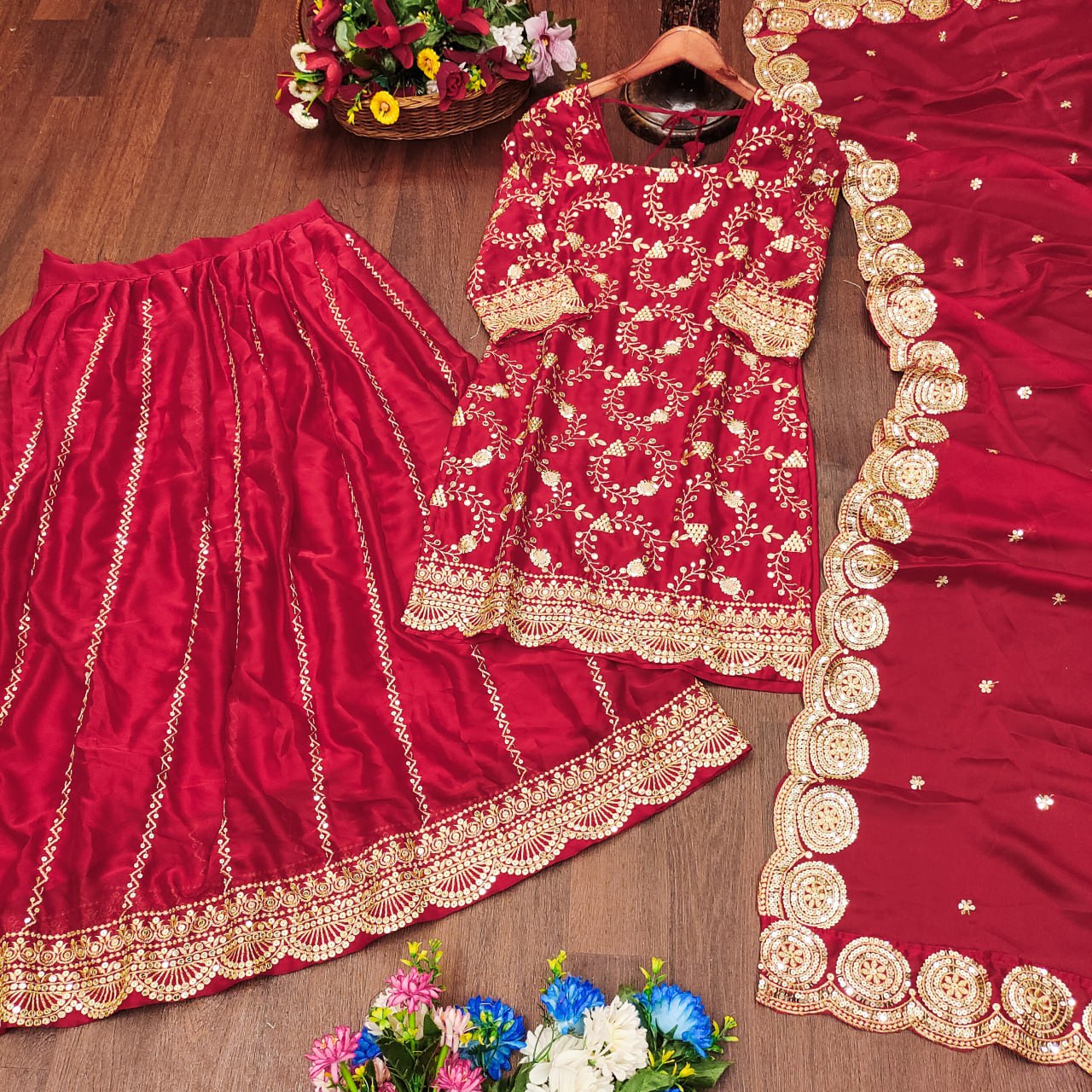 Designer Rangoli Silk Lehenga Suit with Sequin Embroidery | Festive Wear Drape Dress