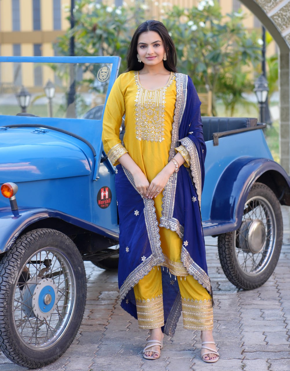 Chinon Sequin-Embroidered Designer Suit Set – Festive Wear Drape Dress