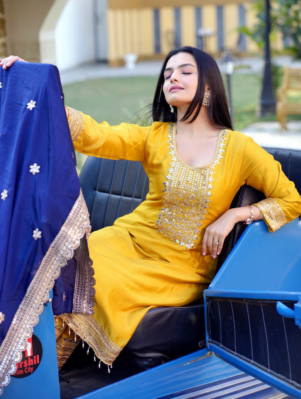 Chinon Sequin-Embroidered Designer Suit Set – Festive Wear Drape Dress