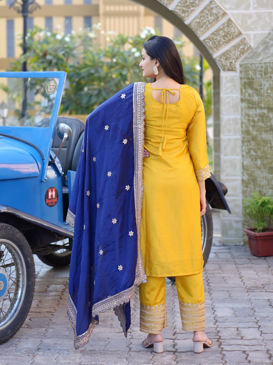 Chinon Sequin-Embroidered Designer Suit Set – Festive Wear Drape Dress