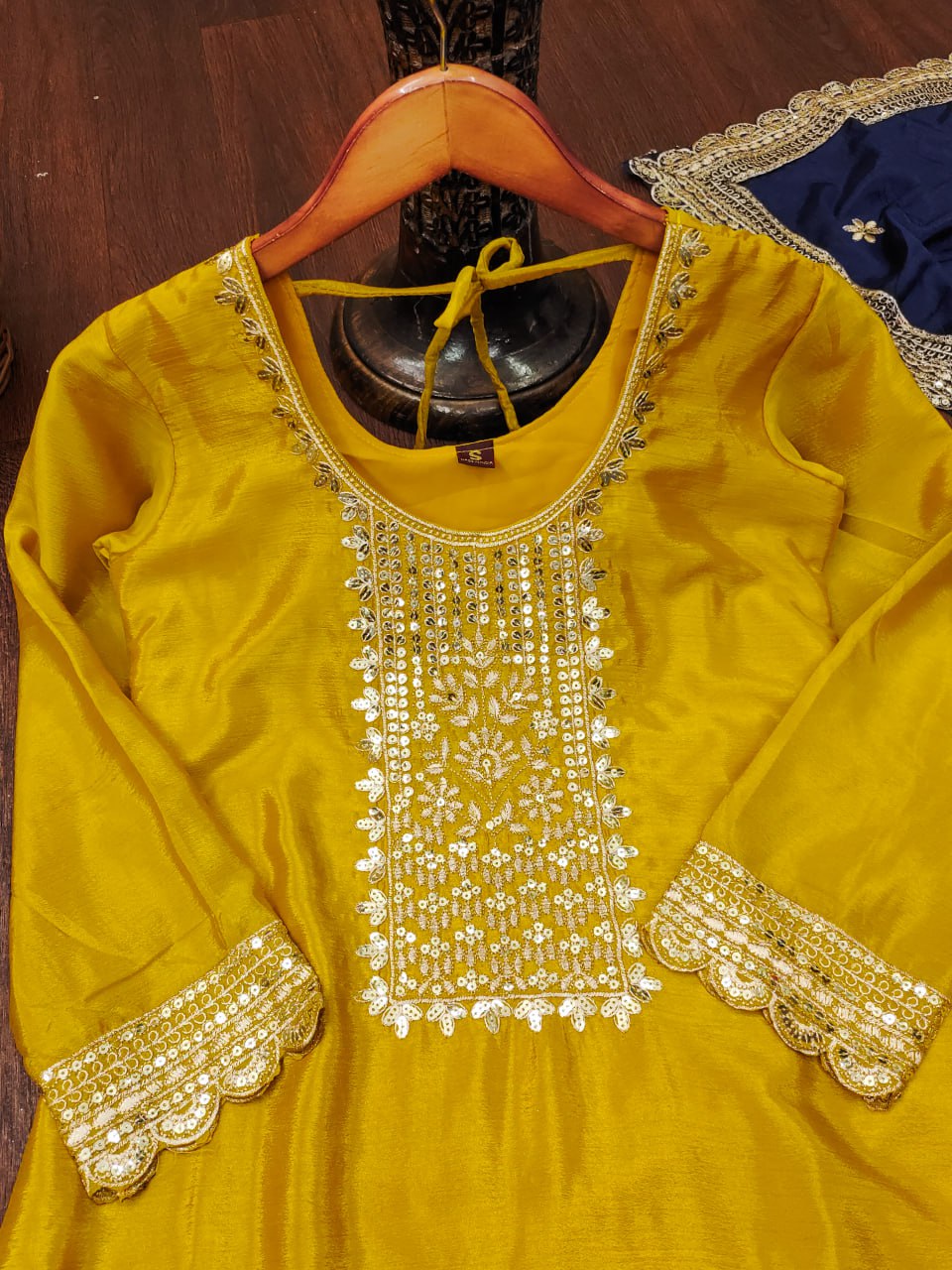 Chinon Sequin-Embroidered Designer Suit Set – Festive Wear Drape Dress