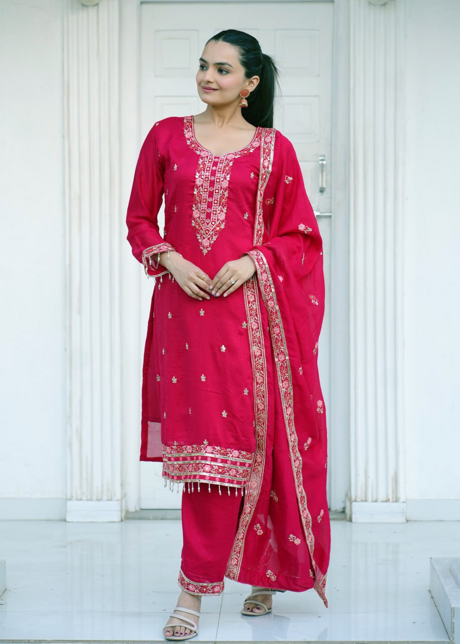 Designer Vichitra Silk Suit with Sequin Embroidery Drape Dress
