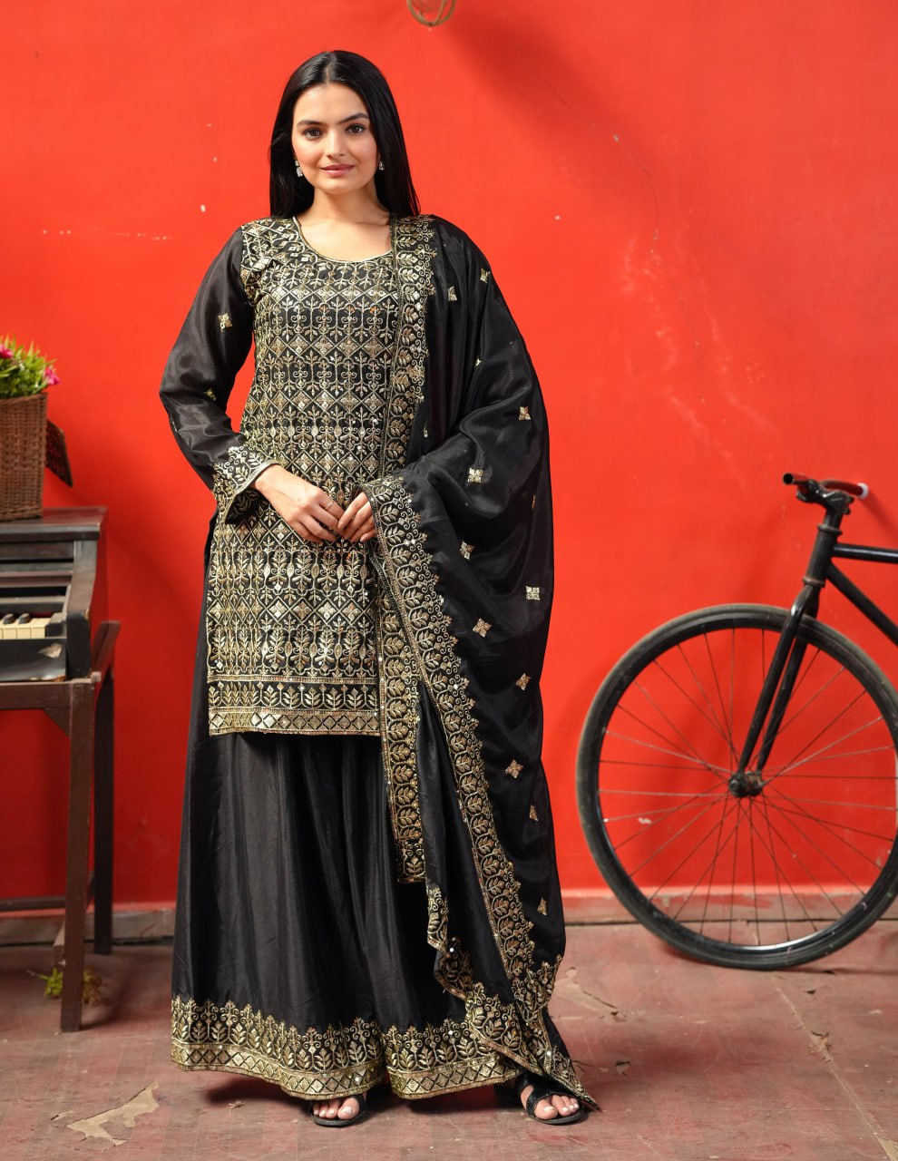 Chinon Sequin-Embroidered Designer Sharara Suit | Festive Wear Drape Dress