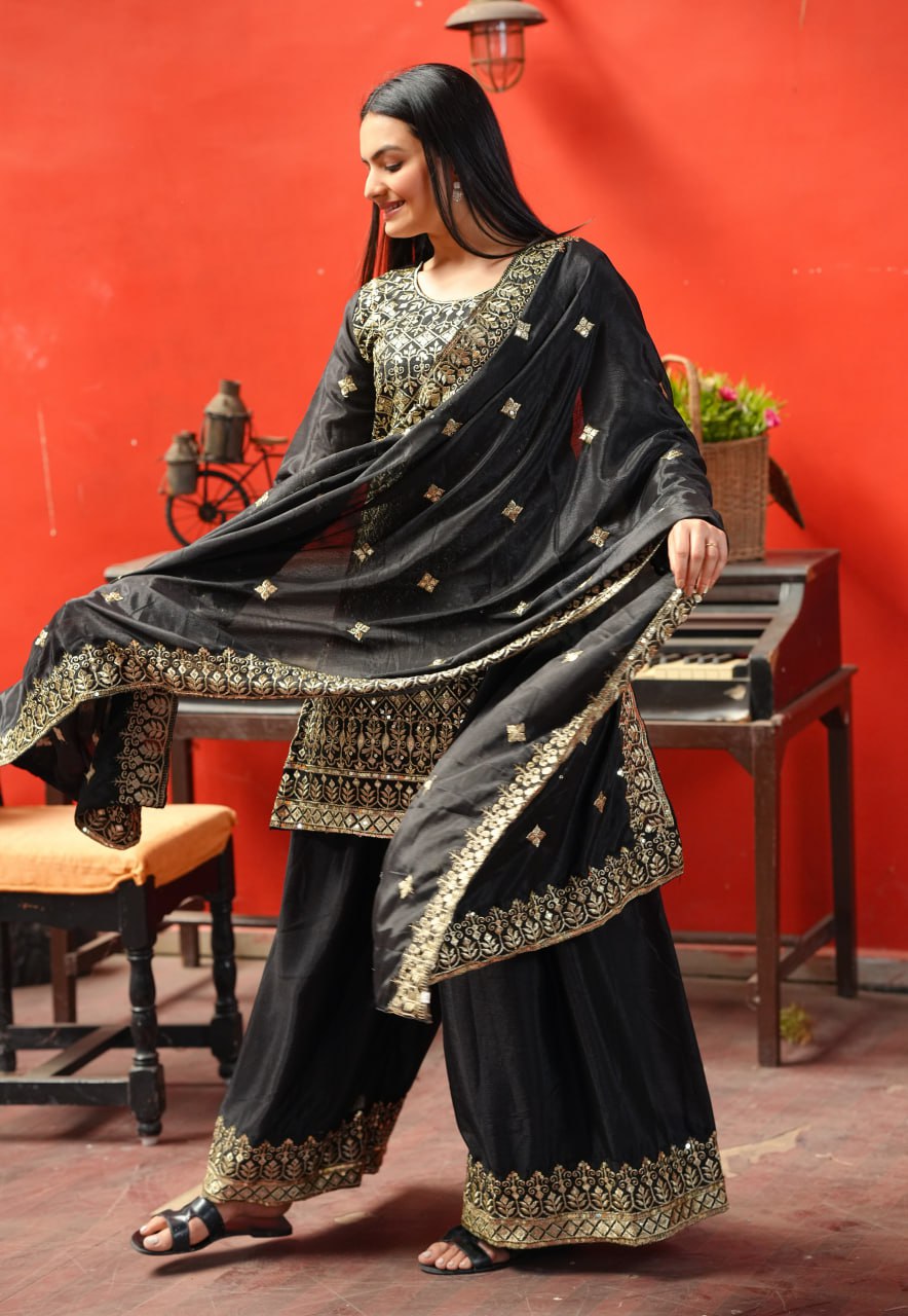 Chinon Sequin-Embroidered Designer Sharara Suit | Festive Wear Drape Dress