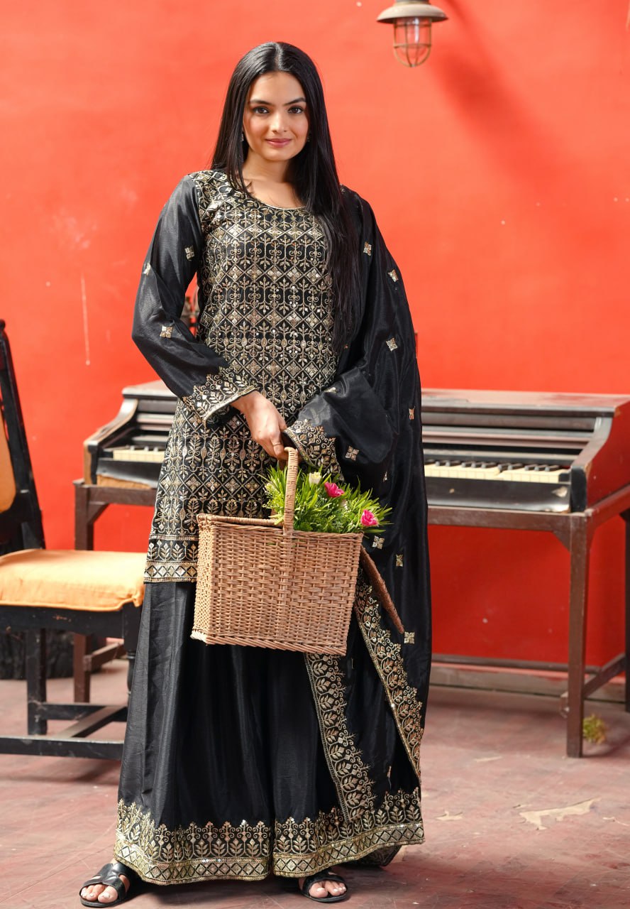 Chinon Sequin-Embroidered Designer Sharara Suit | Festive Wear Drape Dress