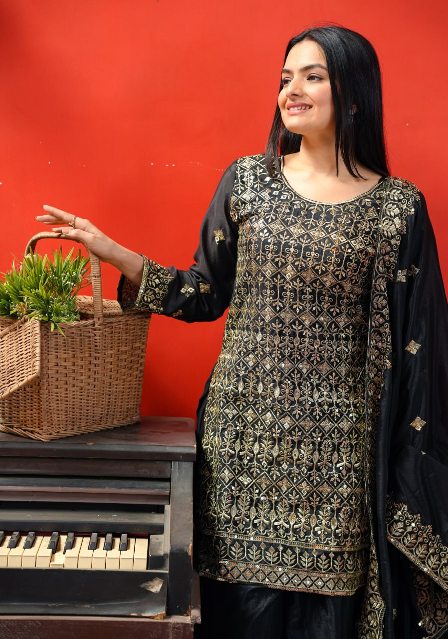 Chinon Sequin-Embroidered Designer Sharara Suit | Festive Wear Drape Dress